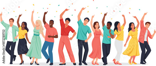 Large group of diverse happy people dancing and celebrating with confetti in flat vector illustration style isolated on white background.