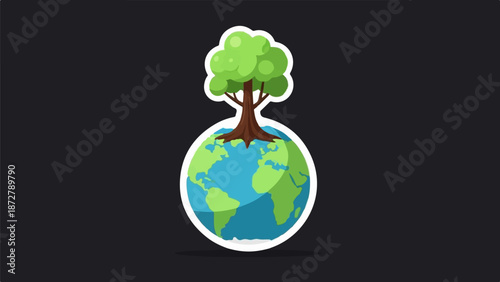 A stylized tree grows from the top of a vibrant planet Earth illustration
