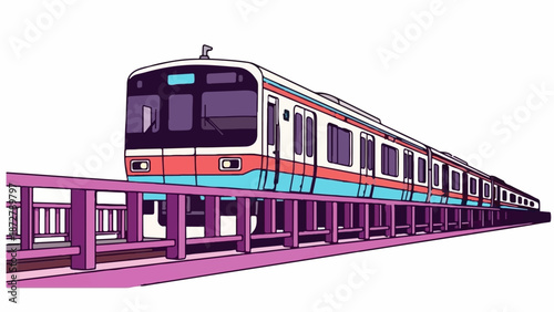 A stylized, colorful train moves along a purple elevated track against a white background