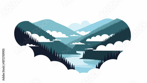 A stylized mountain valley with a river and clouds, depicted in cool tones