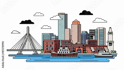 A vibrant cartoon cityscape with a suspension bridge, skyscrapers, and boats on water