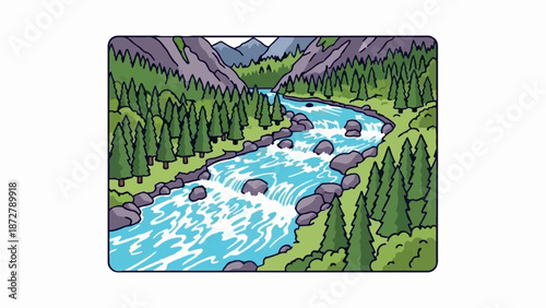 A vibrant cartoon depicts a rushing river flowing through a forested mountain valley with grey peaks