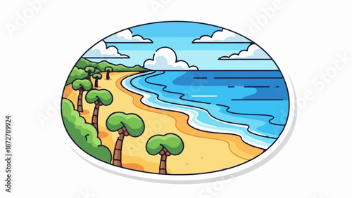 A stylized tropical beach scene with palm trees, a sandy shore, and blue ocean under a cloudy sky