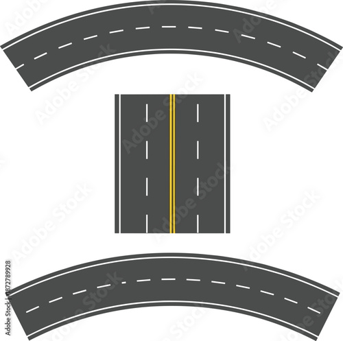 Curved and straight road vector illustration with dashed lane markings for maps, traffic designs, driving layouts, and planners