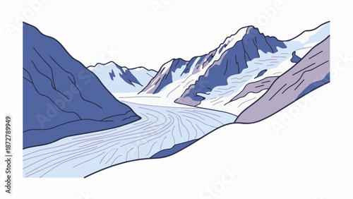 A stylized mountainous glacier landscape with purple and blue hues