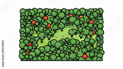 A vibrant cartoon forest viewed from above, with dense green trees and scattered red foliage