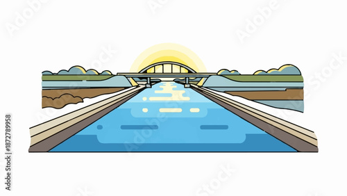 A stylized depiction of a modern arch bridge spanning a wide, tranquil canal under a bright, setting sun