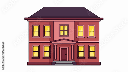 A simple two-story cartoon house with a pitched roof and many lit windows