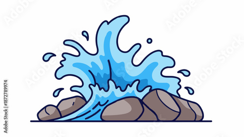 A stylized depiction of a powerful blue wave crashing against brown rocks