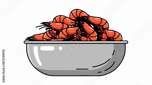 A silver bowl overflowing with a generous pile of bright orange, cooked shrimp