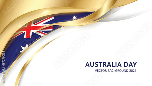 Australia Day Waving Flag Background with Golden and White Accents.