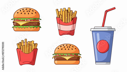 A set of cartoon illustrations of fast food items two burgers, two fries