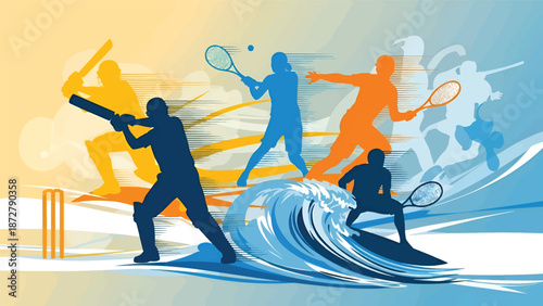 Dynamic Sports Silhouettes on Abstract Wave Background.