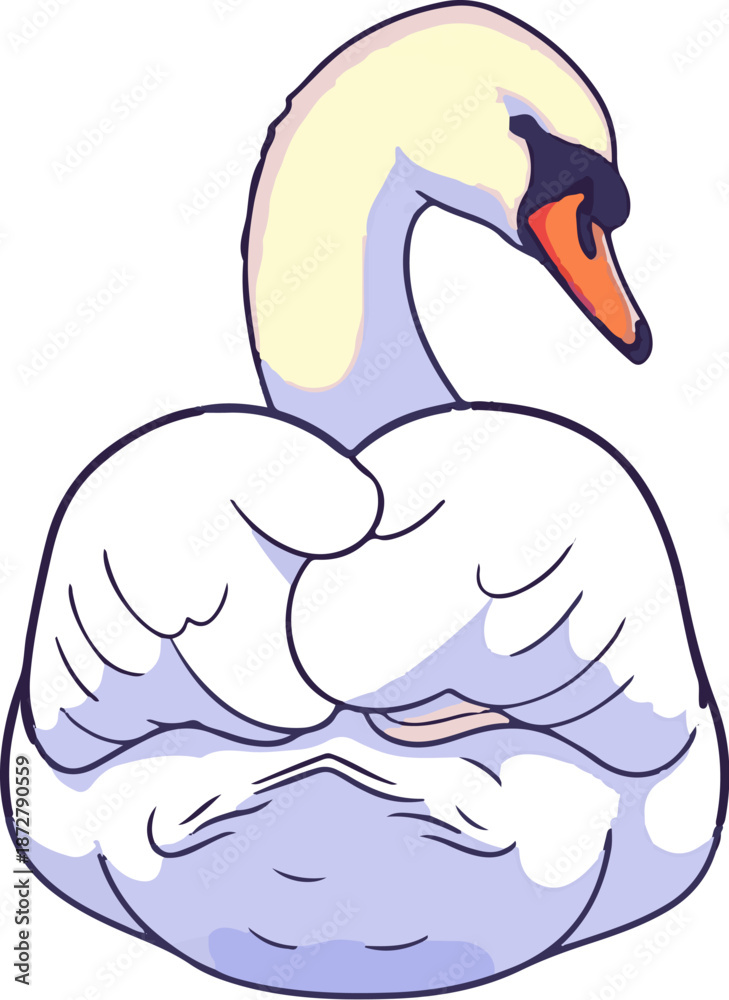 Fototapeta premium A stylized white swan with a long, curved neck, a dark eye, and an orange beak. Its feathers are depicted with soft shading