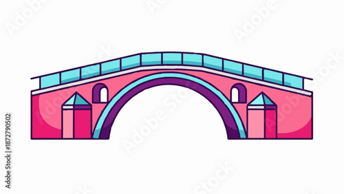 A vibrant, cartoon-style arched bridge with pink and blue colors, featuring railings and small towers