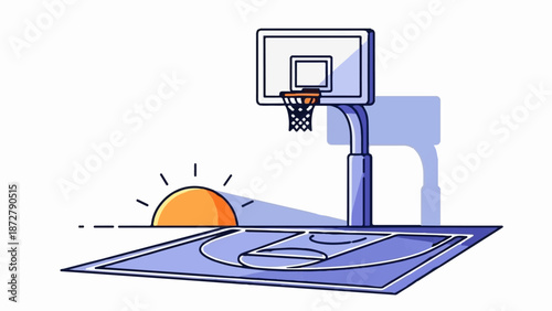 A stylized outdoor basketball court basks in the glow of a rising sun
