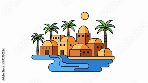 A stylized desert oasis with rounded buildings, palm trees, and a bright sun