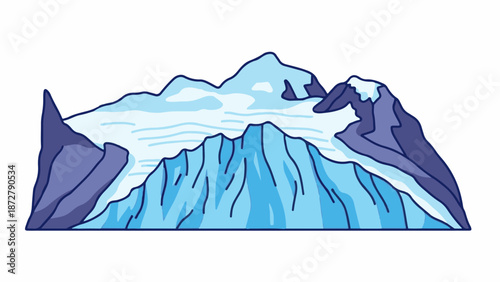 A stylized depiction of snow-capped mountains with a glacier