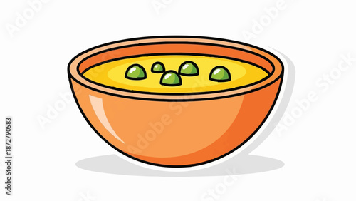 A vibrant cartoon-style bowl filled with creamy yellow soup and floating green peas