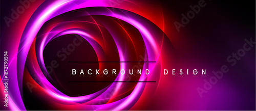 Abstract swirling lights create dynamic background. Vivid magenta, red hues dominate dark space. Modern design element.