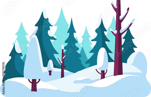 A stylized winter landscape with snow-covered evergreen trees and a prominent red tree trunk