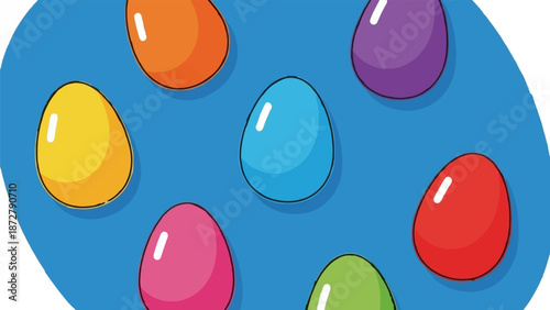 A vibrant, cartoon-style illustration depicts a collection of colorful, egg-shaped objects scattered on a bright blue background