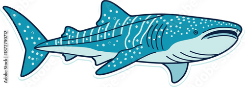 A stylized drawing of a large blue shark with white spots and stripes