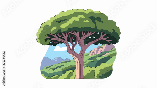 A vibrant cartoon-style illustration of a large, leafy tree standing against a scenic hilly landscape