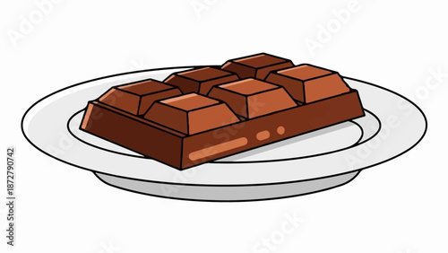 A stylized drawing of a segmented chocolate bar resting on a white plate against a white background