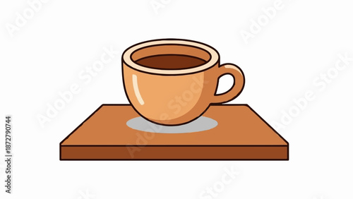 A simple, stylized illustration of a brown coffee cup filled with dark liquid on a wooden surface