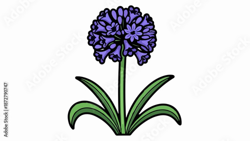 A stylized drawing of a purple flowering plant with green leaves