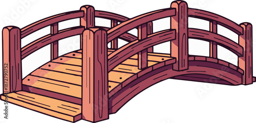 A stylized wooden bridge with arched spans, featuring reddish-brown railings and a warm orange deck