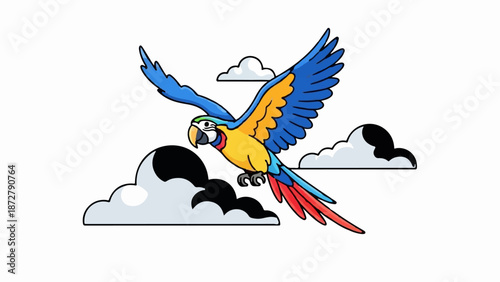 A vibrant, cartoon-style macaw soars through a sky with stylized clouds