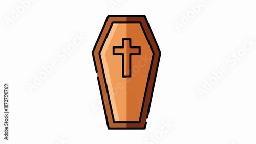 A stylized wooden coffin with a prominent cross on its surface, isolated on white