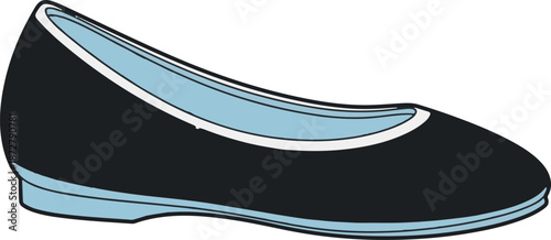 A simple, stylized graphic of a black ballet flat with a light blue interior and sole accent
