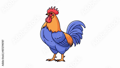 A vibrant, cartoon-style rooster with a red comb and wattle, orange neck, and blue body and tail feathers
