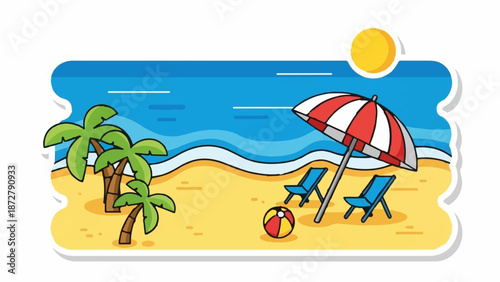 A sunny beach scene with palm trees, lounge chairs, and a beach ball under an umbrella