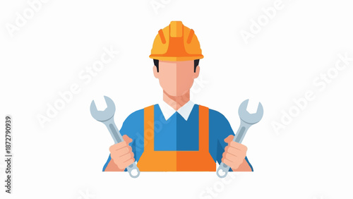 A stylized, faceless mechanic in a hard hat and overalls holds two wrenches