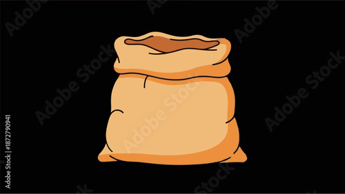 A simple, rounded burlap sack, filled and tied closed at the top