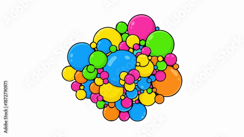 A vibrant cluster of colorful, cartoon-style spheres, varying in size and shade
