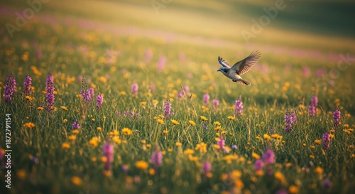 Owl Flying Over Meadow with Purple and Yellow Wildflowers in Sunlight