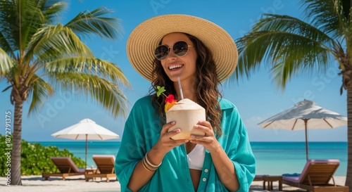 Woman in Turquoise Shirt Holding Coconut Drink at Tropical Beach