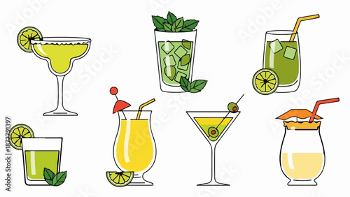 A vibrant collection of seven distinct stylized cocktails, each garnished and presented on a white background