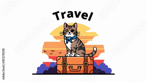 A tabby cat with a blue bandana sits on a suitcase against a sunset backdrop