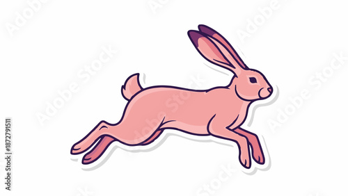 A stylized pink rabbit leaps across a white background, its ears and tail prominent