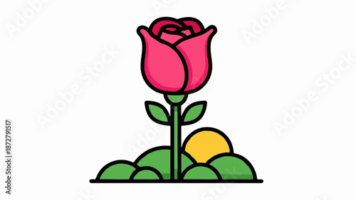 A stylized pink rose blooms above green hills with a yellow sun peeking through