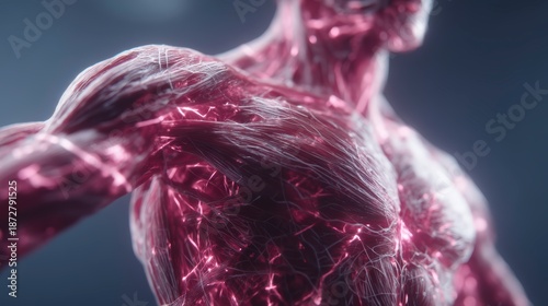 Detailed View of Human Muscular System with Neon Highlights and Texture