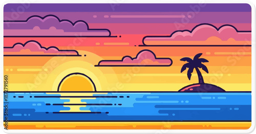 A stylized pixel art tropical sunset over the ocean with a solitary palm tree