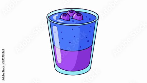 A tall glass of layered blueberry dessert with whole berries on top
