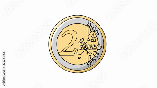 A simple, illustrative depiction of a two-euro coin with its value and European map